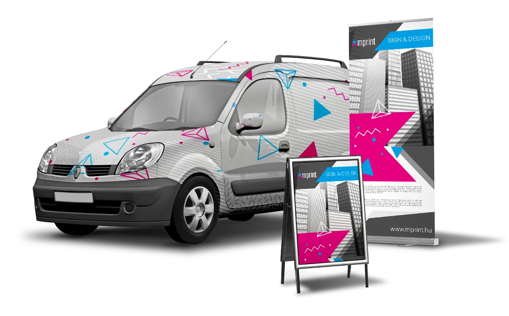 Mprint mintás kisteherautó, megállítótábla és roll-up látványterve