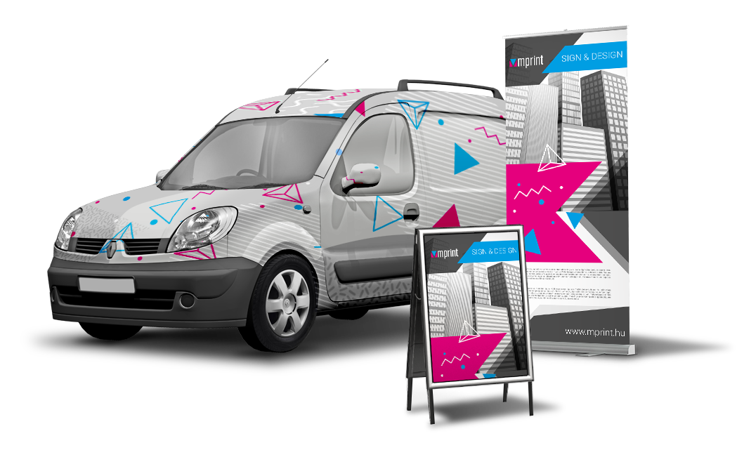 Mprint mintás kisteherautó, megállítótábla és roll-up látványterve