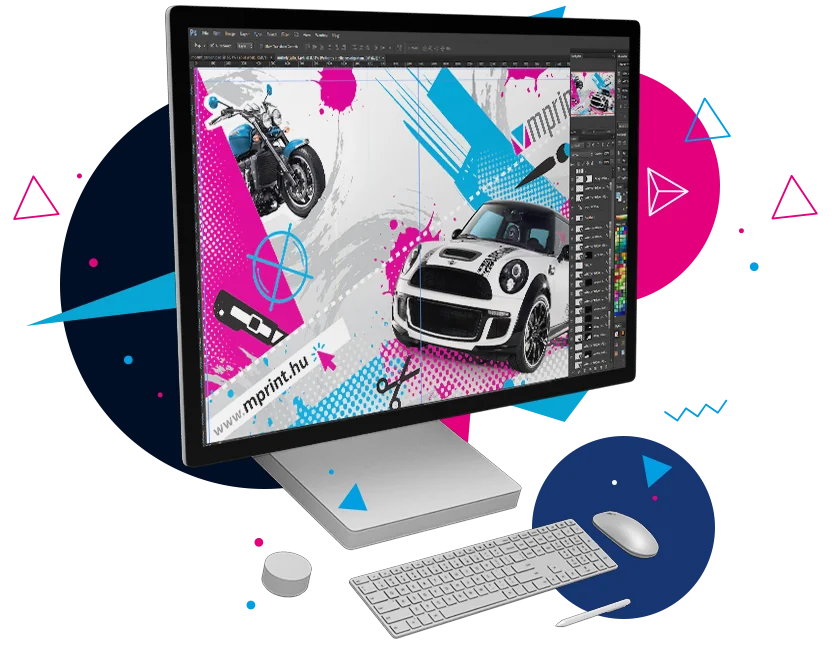 Monitor grafikai szerkesztőprogrammal, a képernyőn autós és motoros Mprint reklámgrafika