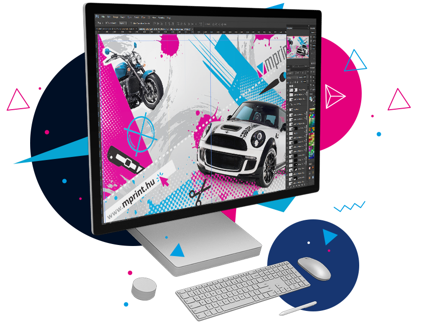 Monitor grafikai szerkesztőprogrammal, a képernyőn autós és motoros Mprint reklámgrafika